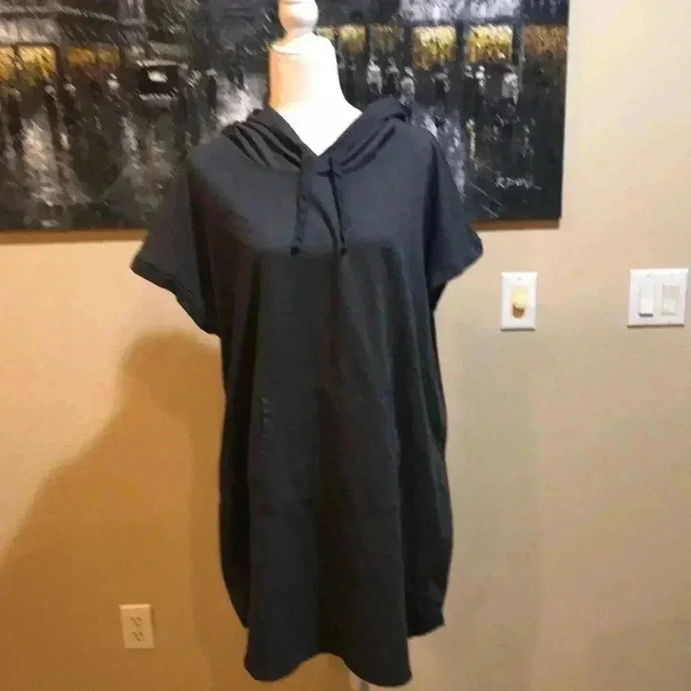 Xersion Gray Pullover Hooded Drawstring Sweatshirt Dress w/Large Front Pocket-1X